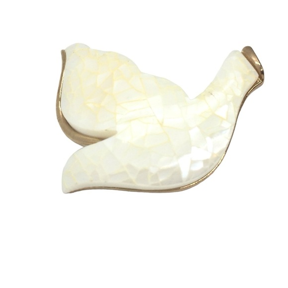 VINTAGE LIZ CLAIBORNE MOP DOVE BROOCH PIN GOLD TONE MOSAIC PEACE CHRISTMAS BIRD - Picture 5 of 16